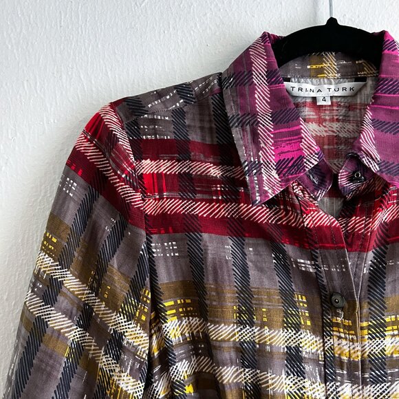 TRINA TURK 100& Silk Plaid Shirt Dress with Pin-tuck Waist - Picture 3 of 9